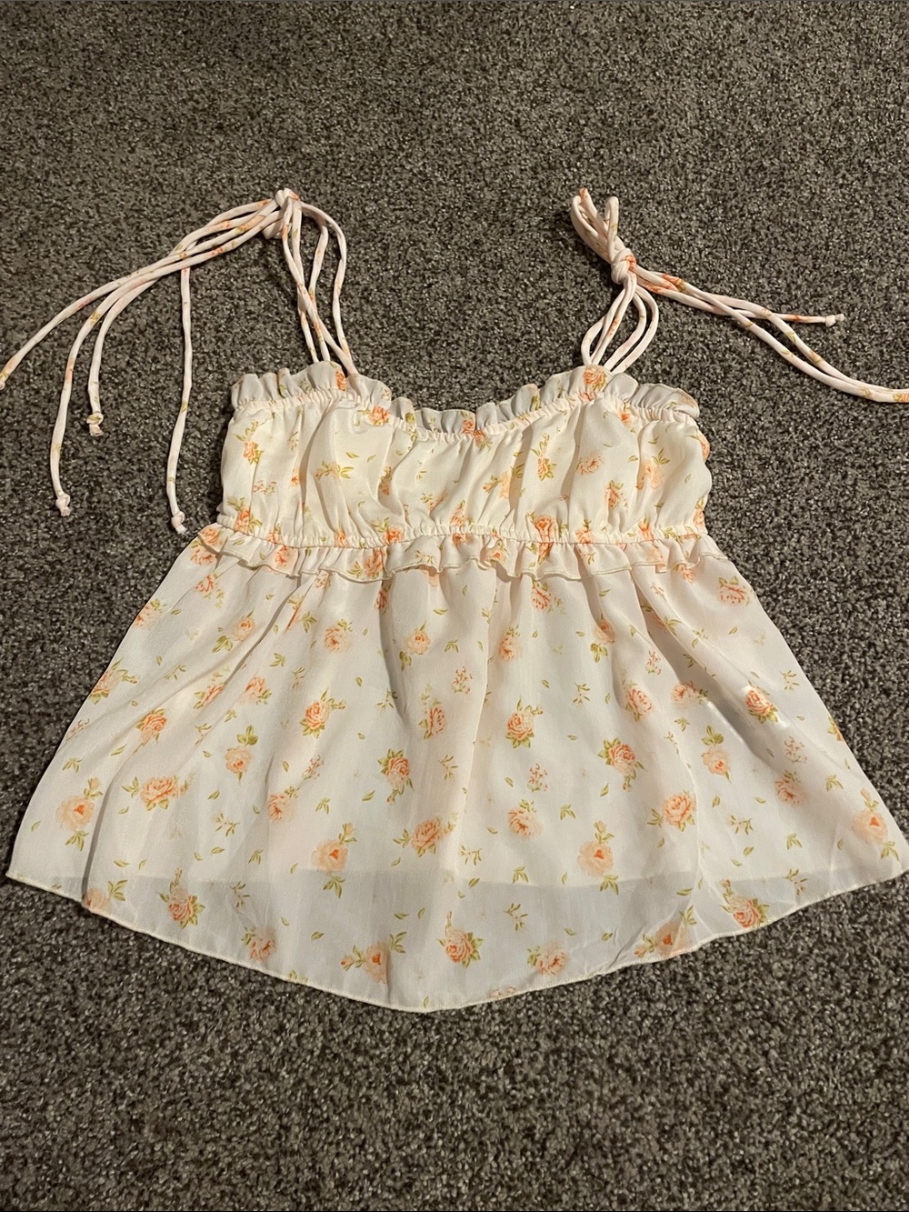 Floral Tie-Shoulder Ruffle Camisole - Cream with Peach Rose Print
